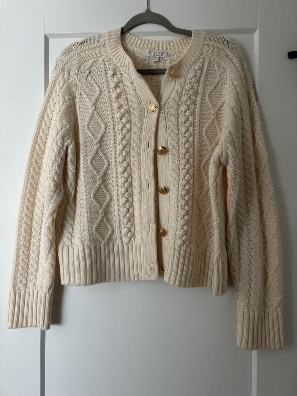 J. Crew Cream Cable Knit Gold-Button Cardigan